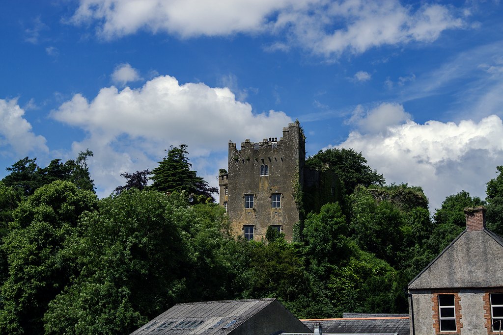 The Norman keep of Ardfinnan Castle rising above mature trees